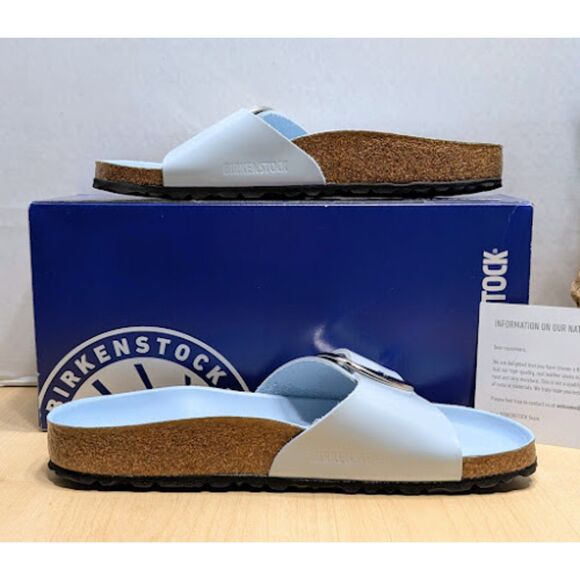 Birkenstock Madrid Big Buckle Baby Blue Natural Leather Patent Sandals EU 40 NIB - Picture 8 of 13